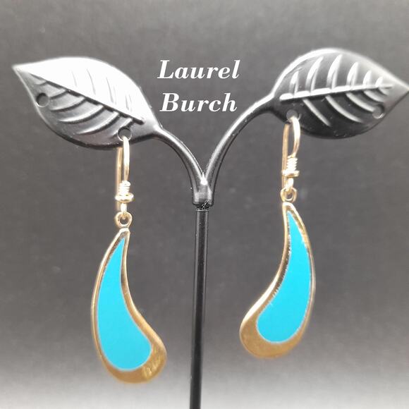 Vintage Laurel Burch Turquoise Drop Earrings Curved Teardrop Gold Plated